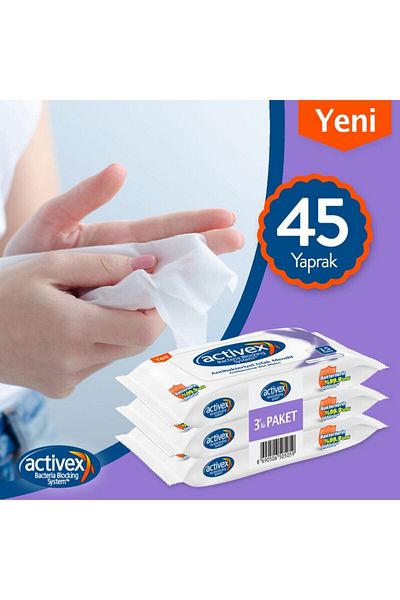 Activex Antibacterial Wet Wipes 3 Pieces, Pocket Size 45 Sheets