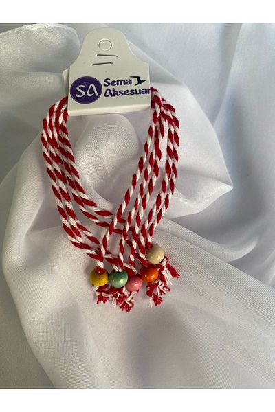 sema aksesuar 15-Piece Marteniçka Red and White Lucky Bracelet - March String Wish Bracelet - Colorful Wooden Beads