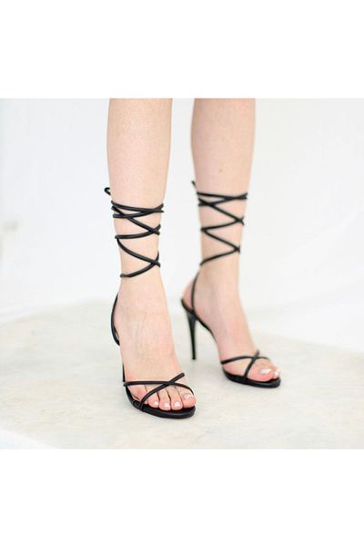 Afilli Women's Black Thin Single Strap Heel Sandals Shoes Ankle Lace Up Cross High Pointed Evening Dress