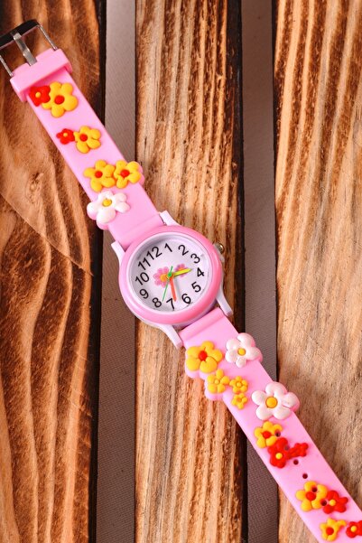 pierrose Çocuk Bebek Hediye Pembe Silikon Kordon Çiçek Figürlü Kız Çocuk Kol Saati