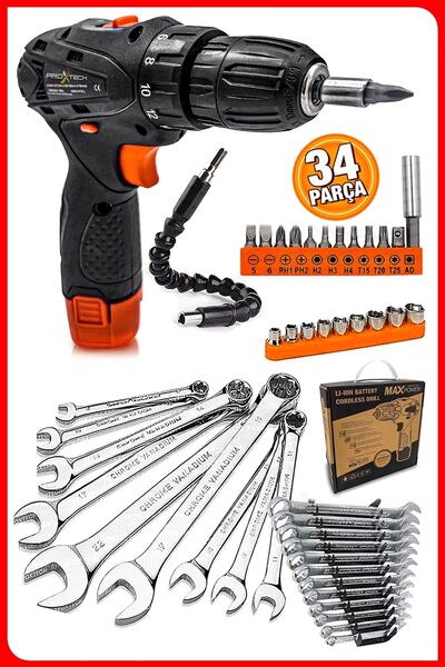 PROXTECH Pro 34 Parça Profesyonel Akülü Vidalama Matkap,krom Kaplı Çelik 12 P...
