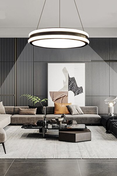 Ledmi Lighting Geniş Model Tek Halkalı Siyah Led Avize, 3 Renk Aydınlatmalı, Kumandalı Modern Avize, Salon Avizesi