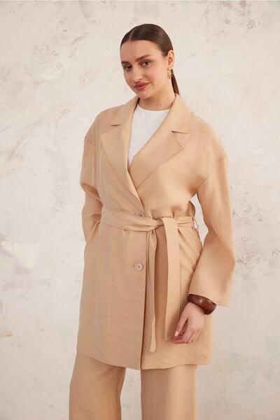 Aker Rahat Kesim Beli Kuşaklı Keten Ceket