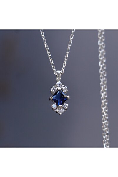 Moko Art Design Prenses Kesim Lab. Safir Ve Mozanit Taşlı 925 Gümüş Kolye
