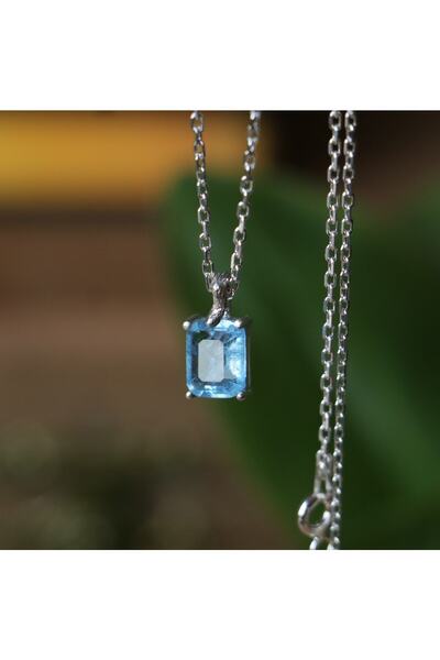 Moko Art Design Baget Kesim Akuamarin Taşlı Yılan Kulplu 925 Gümüş Kolye