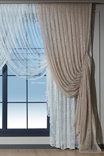 Beythome Vizon Büzgülü Kruvaze Tül Fon Perde