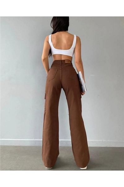 Lalove High Waist Cargo Pocket Jeans Brown Cargo Pocket Jeans