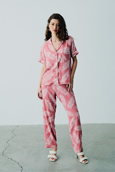 House of Silk Pink Leaves Viskon Pijama Takımı