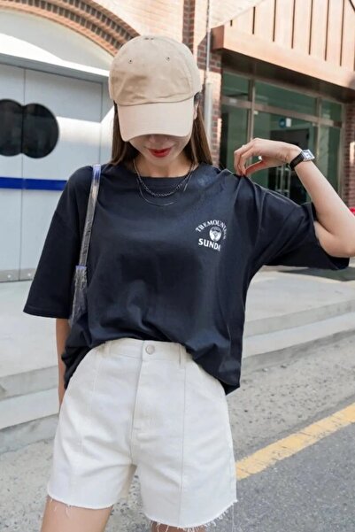 Machetta Plus Size Unisex Navy Blue Mountain Sunday Printed Crew Neck Oversize T-shirt