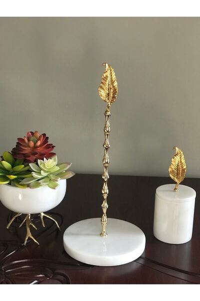 MIARIK DESIGN & DEKORASYON Beyaz Mermer Yaprak Detaylı Peçetelik Havluluk (gold Altın)