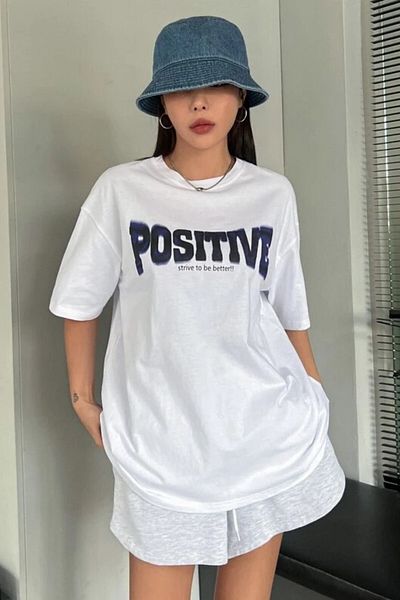 MODAGEN Μπλουζάκι Unisex Cotton White Positive Printed Crew Oversize Boyfriend μπλουζάκι