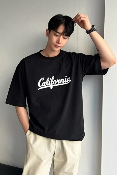 MODAGEN Unisex Cotton Black California μπλουζάκι με λαιμόκοψη Oversize Boyfriend