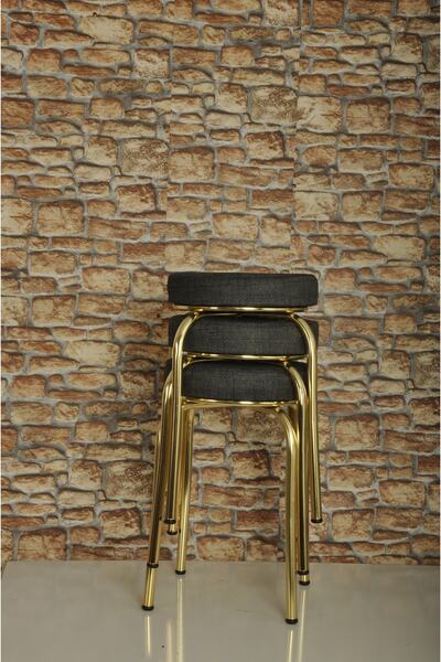 AKK TİCARET 3 Adet Antrasit Desenli Renkli Kumaş Gold Nikelajlı Demir Tabure ...