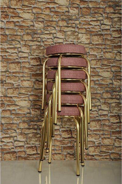 AKK TİCARET 6 Adet Pembe Desenli Renkli Kumaş Gold Nikelajlı Demir Tabure Mut...