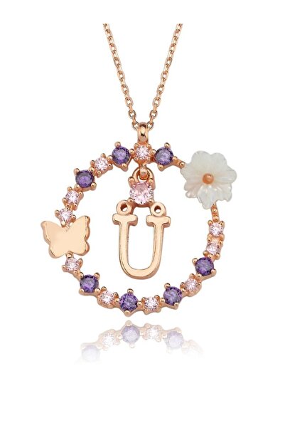Mia Vento Manolya Çiçeği Düşler Işıltısı Ü Harfi Rose Renk Gümüş Harfli Kolye