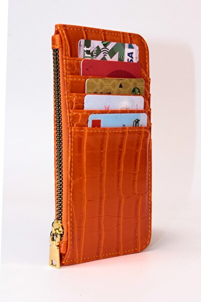 dericom Kadın Timsah Derisi Görünümlü Kroka Desenli Fermuarlı Kağıt Bozuk Para Bölmeli Cüzdankartlık Turuncu