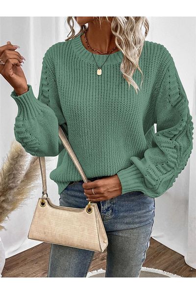 AQE FASHION Pulover tricotat verde Selanik cu mâneci tricotate cu decolteu crew