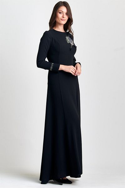 Esswaap Black Sleeve Pleated, Stone and Flower Accessory Evening Dress