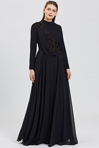 Esswaap Black Evening Dress with Flower Embroidery, Jewelled Collar and Chiffon