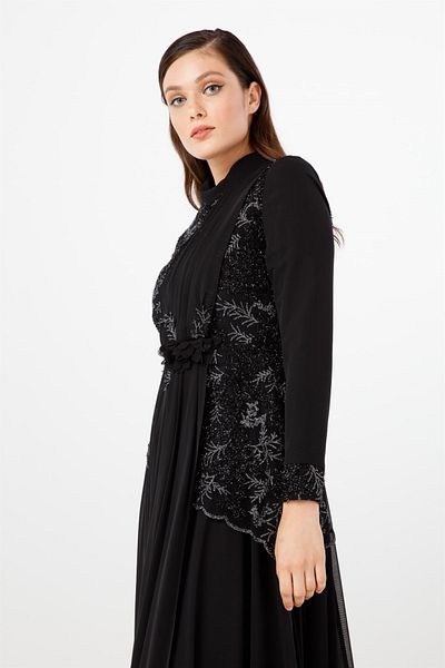 Esswaap Black Gathered Front and Back, Flower Detailed Evening Dress