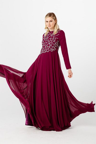 Esswaap Plum Asymmetrical Stone Detailed, Chiffon Evening Dress