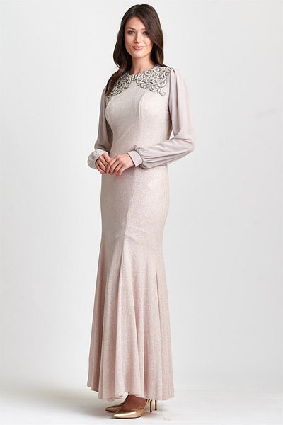 Esswaap Beige Laser Embroidered Evening Dress