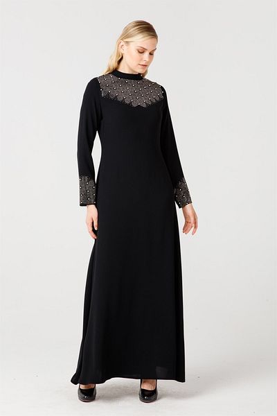 Esswaap Black High End Collar, Sleeve and Front Size Jewelled Evening Dress