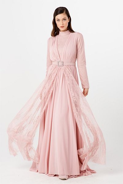 Esswaap Evening Dress with Powder Stone Buckle Belt, Siphon and Lace