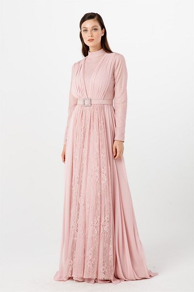 Esswaap Evening Dress with Powder Stone Buckle Belt, Siphon and Lace