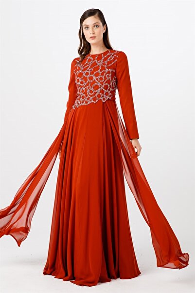 Esswaap Bakır Asimetrik Taş Detaylı, Şifon Abiye Elbise