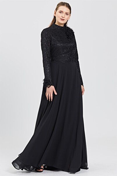 Esswaap Siyah Üst Beden Dantel, Çiçek Ve Yaprak Aksesuarlı Şifon Etekli Abiye Elbise