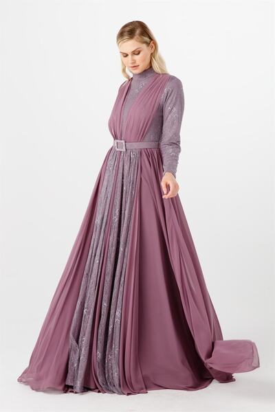 Esswaap Lila Taş Toka Kemerl, Sifon Ve Dantelden Oluşan Abiye Elbise