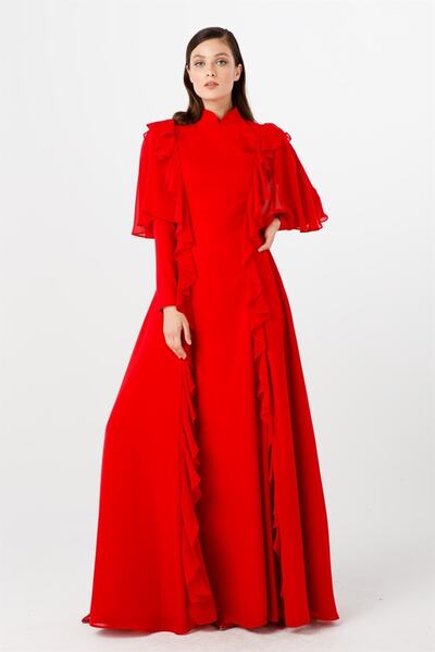 Esswaap Red Light Fish Cut Shoulder Evening Dress with Stones and Flywheel Combination