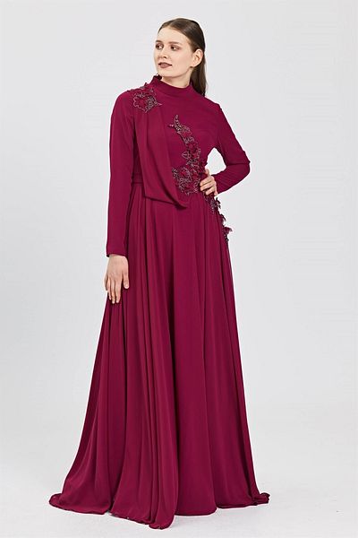 Esswaap Fuchsia Evening Dress with Flower Embroidery, Jewelled Collar and Chiffon