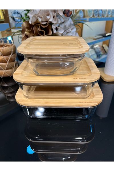 emir home shop 3-Piece Rectangular Vacuum Bowl with Bamboo Lid Glass Storage Container 1500-1000-750ml