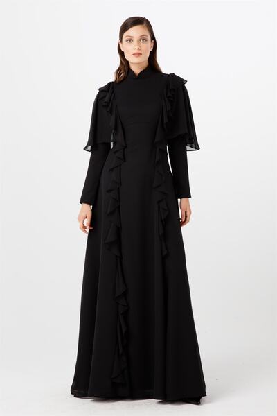 Esswaap Siyah Hafif Balık Kesimli Omuzda Etek Ucunda Taş Ve Volan Kombinli Abiye Elbise