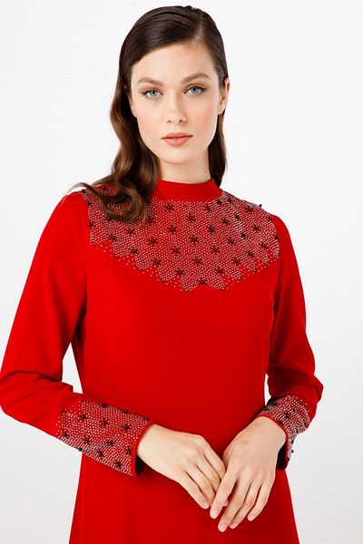 Esswaap Red Evening Dress with Judge Collar, Sleeves and Front Sizes