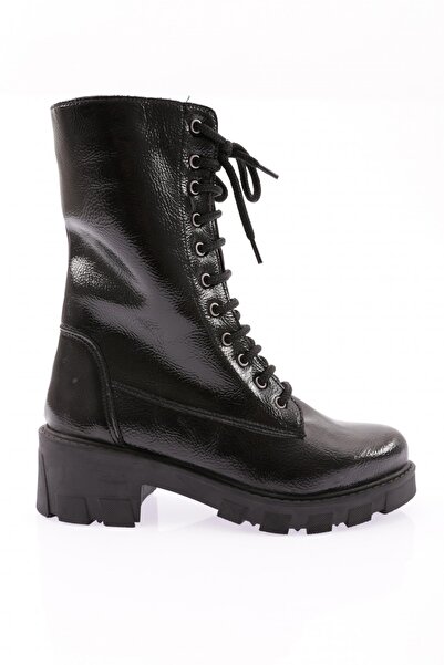 DGN Women's Lace up Zippered Thick Sole Boots Black Wrinkled Patent Leather 2...