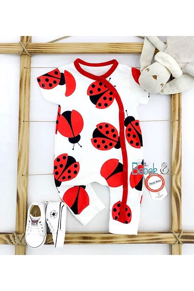 Bebeğin 50 Tonu Baby Jumpsuit Ladybug Heart Printed 3 6 9 12 Months Short Sleeve Buttoned