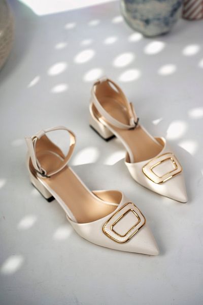 bakacstore Pantofi de damă nud din satin cu cataramă cu toc scurt, eleganti, cu vârf ascuțit