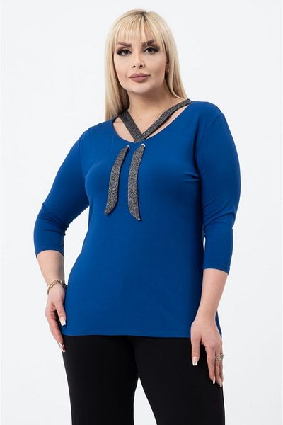 sinemisxxl Women's Collar Detailed Blue Plus Size Viscose Blouse