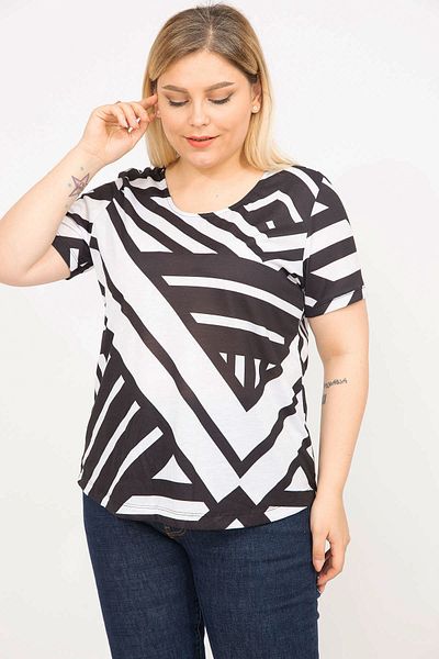 Şans Women's Black Large Size Crew Neck Geometric Patterned Short Sleeve Blouse 65n35774