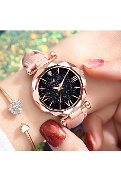 renkli çiçekler Kadın Saat Moda Deri Bant Kol Saati Yıldızlı Gökyüzü Kuvars K...