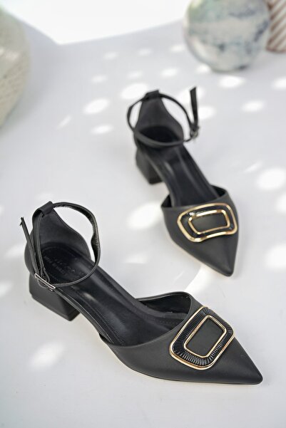 bakacstore Kadın Siyah Saten Tokalı Kısa Topuklu Şık Sivri Burun Ayakkabı
