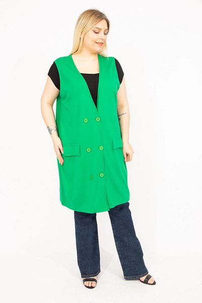 Şans Women's Green Plus Size Long Vest with Front Buttons and Ornamental Pockets 65n35779