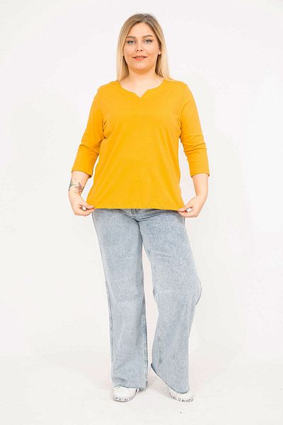Şans Women's Mustard Plus Size Cotton Fabric V-Neck Capri Sleeve Blouse 65n35763
