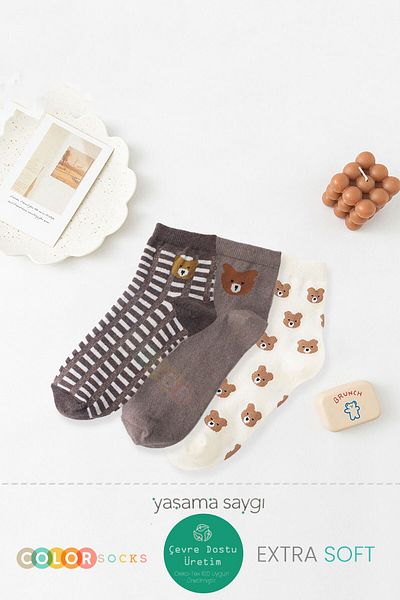 Color Socks Комплект от 3 сладки дамски чорапи с шарка на мече (ИЗКЛЮЧИТЕЛНО МЕКИ)