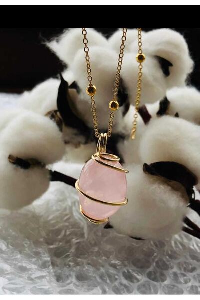 DOĞAL TAŞ CENNETİ Pembe Kuvars Kaplama Kolye Ucu(sertifikalı)(47cm Zincir Dahil)