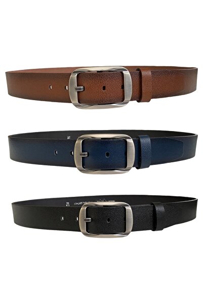 GoDeri 100% естествена кожа, легендарна опушена овална катарама; Комплект от 3 колана в черно, кафяво и тъмносин цвят, 4 см = 45983487