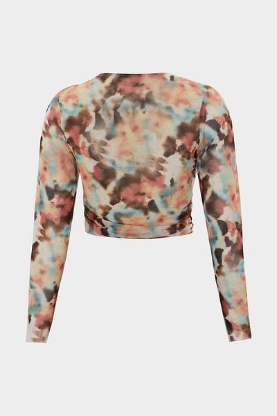 Açelya Okcu Tie-Dye Patterned Drape Detailed Crop Tulle Blouse